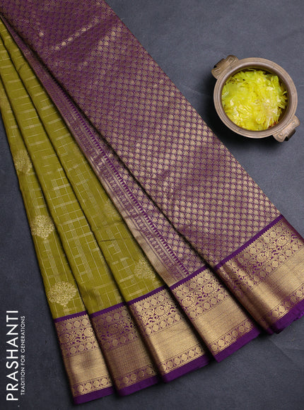 Semi kanchipuram silk saree mehendi green and violet with allovr zari checks & buttas and zari woven border