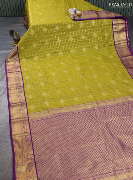 Semi kanchipuram silk saree mehendi green and violet with allovr zari checks & buttas and zari woven border