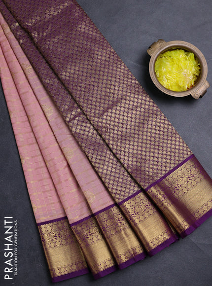 Semi kanchipuram silk saree pastel pink and purple with allover zari checks & buttas and zari woven border