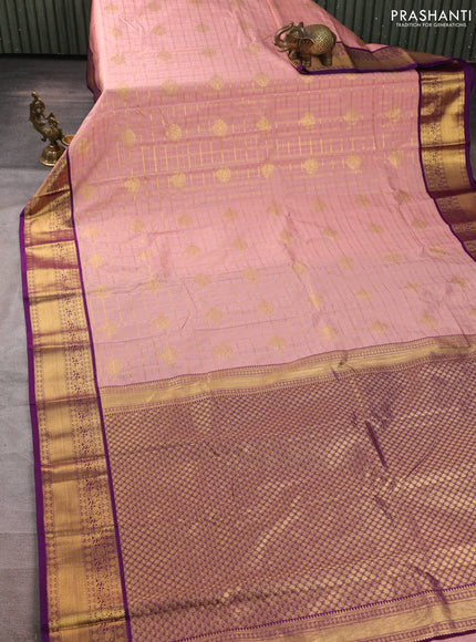 Semi kanchipuram silk saree pastel pink and purple with allover zari checks & buttas and zari woven border