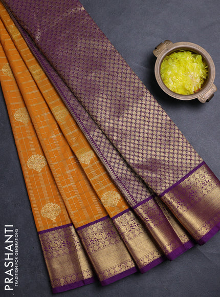 Semi kanchipuram silk saree mango yellow and purple with allover zari checks & buttas and zari woven border