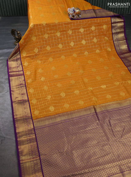 Semi kanchipuram silk saree mango yellow and purple with allover zari checks & buttas and zari woven border