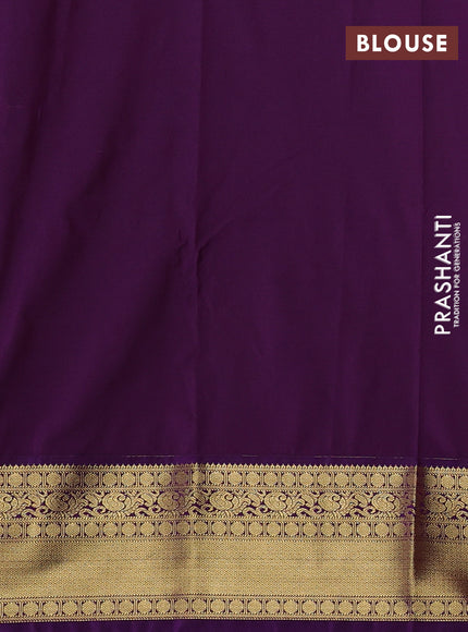 Semi kanchipuram silk saree mango yellow and purple with allover zari checks & buttas and zari woven border