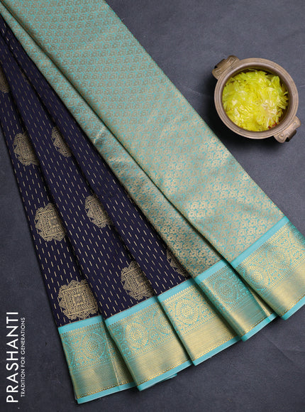 Semi kanchipuram silk saree navy blue and teal blue with allover zari woven buttas and zari woven border