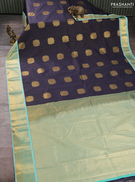 Semi kanchipuram silk saree navy blue and teal blue with allover zari woven buttas and zari woven border