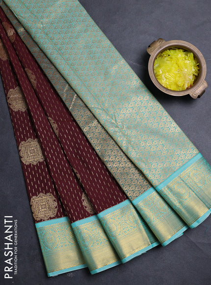 Semi kanchipuram silk saree coffee brown and teal green with allover zari woven buttas and zari woven border
