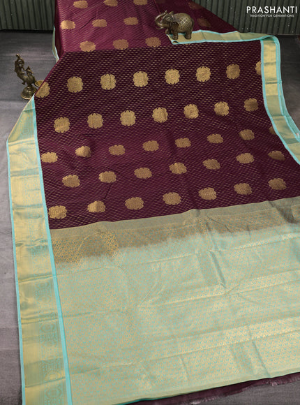 Semi kanchipuram silk saree coffee brown and teal green with allover zari woven buttas and zari woven border
