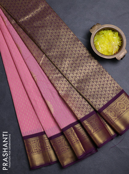 Semi kanchipuram silk saree peach pink and purple with allover zari woven buttas and zari woven border