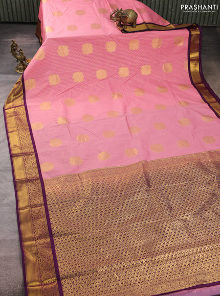 Semi kanchipuram silk saree peach pink and purple with allover zari woven buttas and zari woven border
