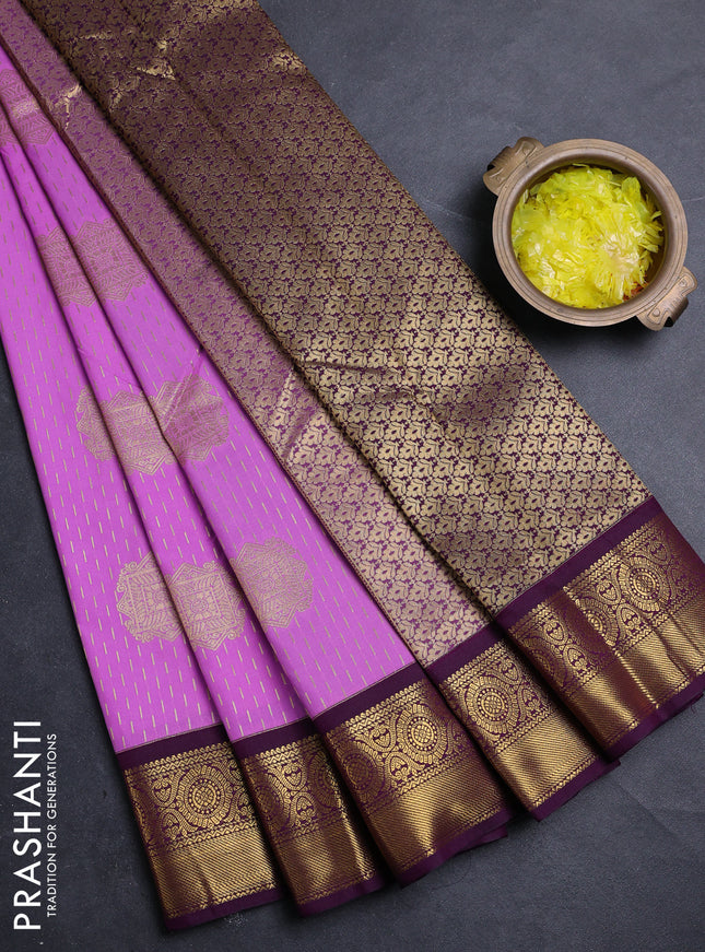 Semi kanchipuram silk saree lavender and deep purple with allover zari woven buttas and zari woven border
