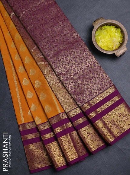 Semi kanchipuram silk saree mustard yellow and purple with allover zari weaves & buttas and long zari woven border
