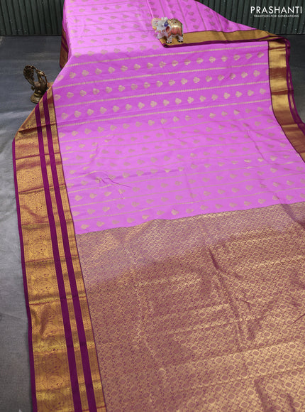 Semi kanchipuram silk saree lavender and purple with allover zari weaves & buttas and long zari woven border