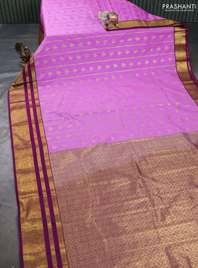 Semi kanchipuram silk saree lavender and purple with allover zari weaves & buttas and long zari woven border
