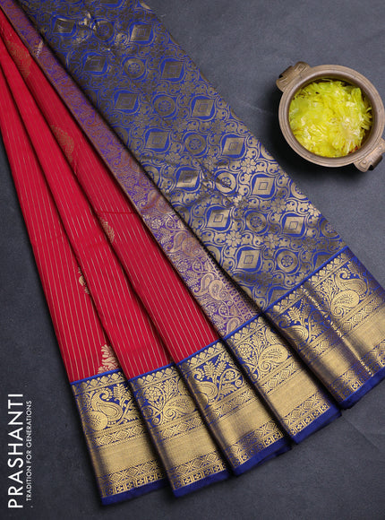 Semi kanchipuram silk saree tomato pink and blue with allover zari weaves & buttas and zari woven border