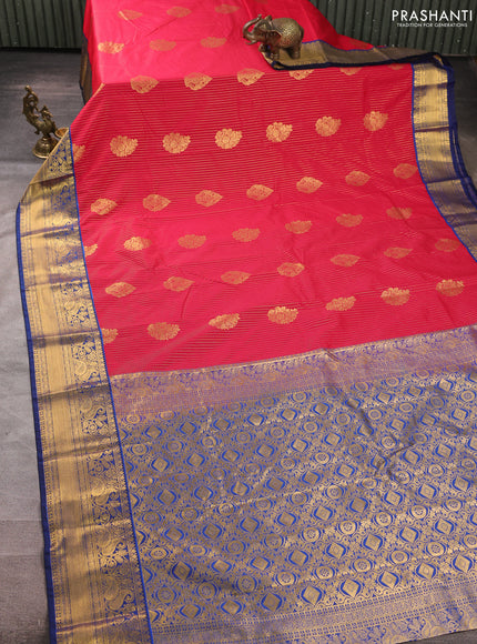 Semi kanchipuram silk saree tomato pink and blue with allover zari weaves & buttas and zari woven border