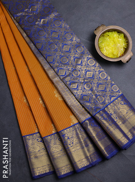Semi kanchipuram silk saree mustard yellow and blue with allover zari weaves & buttas and zari woven border