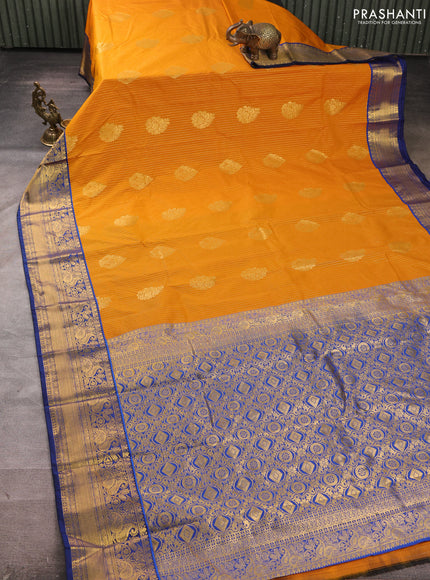 Semi kanchipuram silk saree mustard yellow and blue with allover zari weaves & buttas and zari woven border
