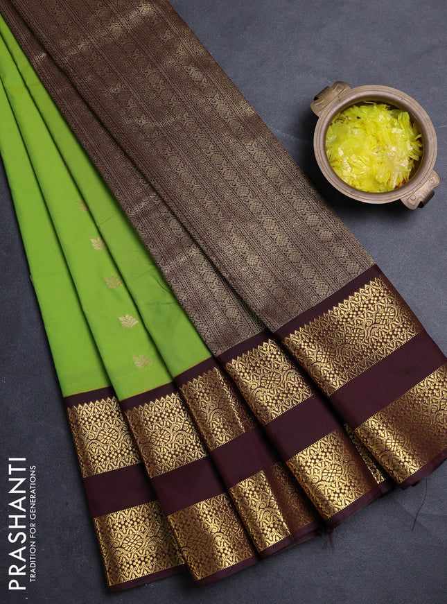 Semi kanchipuram silk saree light green and deep maroon with allover zari woven buttas and long rettapet zari woven border