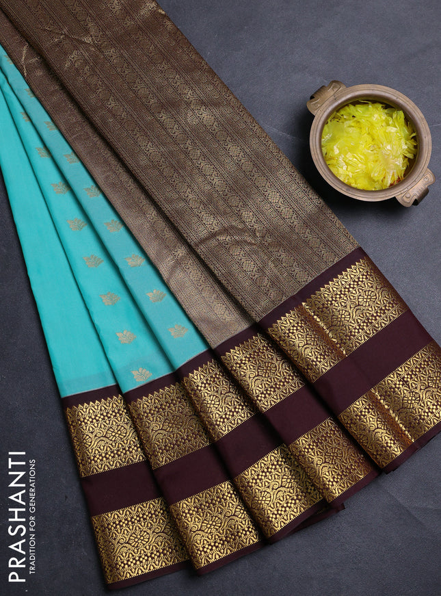 Semi kanchipuram silk saree teal blue and deep maroon with allover zari woven buttas and long rettapet zari woven border