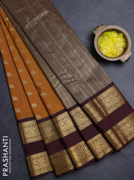 Semi kanchipuram silk saree mustard yellow and deep maroon with allover zari woven buttas and long rettapet zari woven border
