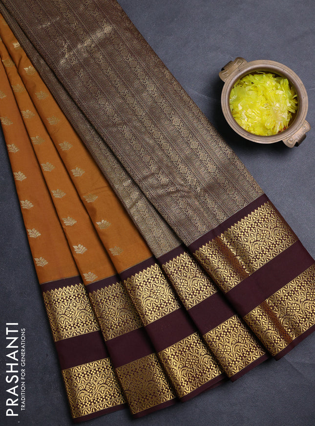 Semi kanchipuram silk saree mustard yellow and deep maroon with allover zari woven buttas and long rettapet zari woven border