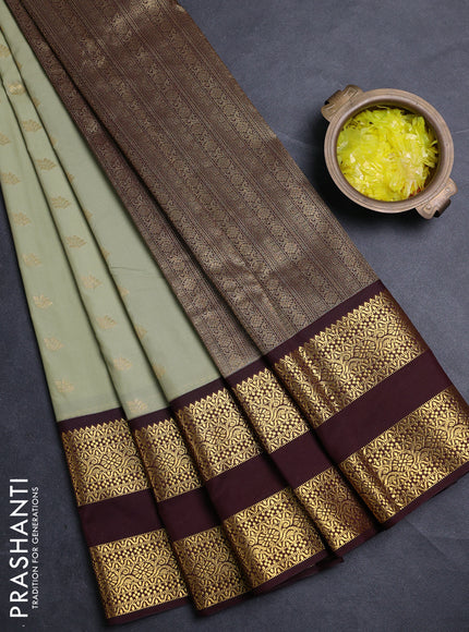 Semi kanchipuram silk saree pista green and deep maroon with zari woven buttas and long rettapet zari woven border