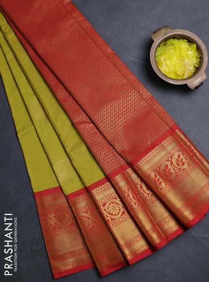 Semi kanchipuram silk saree lime green and red with allover zari weaves & buttas and long zari woven border