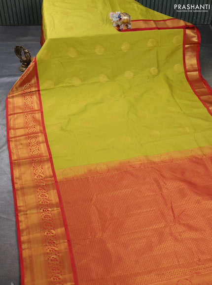 Semi kanchipuram silk saree lime green and red with allover zari weaves & buttas and long zari woven border