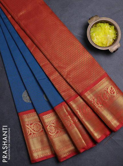 Semi kanchipuram silk saree peacock blue and red with allover zari weaves & buttas and long zari woven border