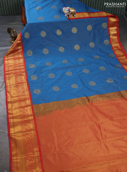 Semi kanchipuram silk saree peacock blue and red with allover zari weaves & buttas and long zari woven border