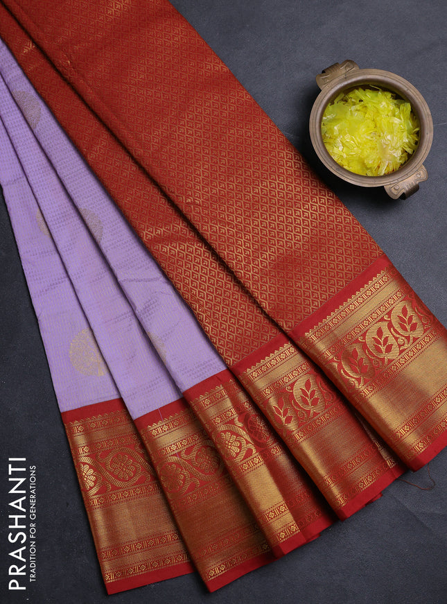 Semi kanchipuram silk saree lavender and red with allover zari weaves & buttas and long zari woven border