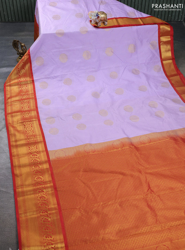Semi kanchipuram silk saree lavender and red with allover zari weaves & buttas and long zari woven border