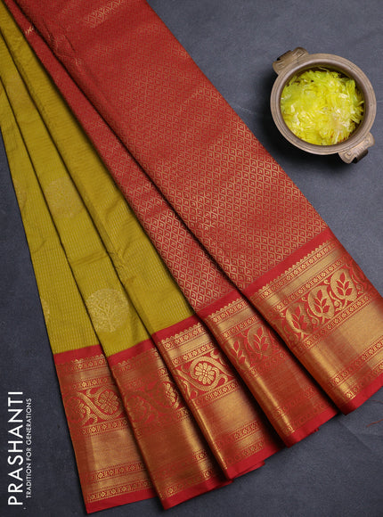 Semi kanchipuram silk saree lime yellow and red with allover zari weaves & buttas and long zari woven border