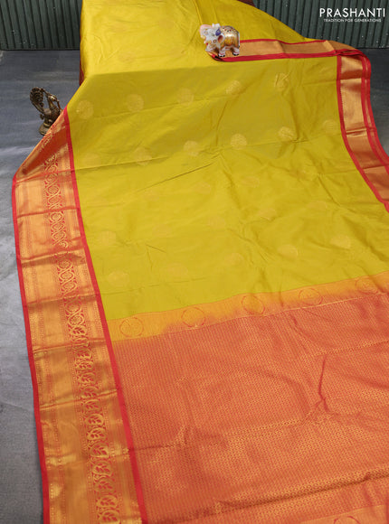Semi kanchipuram silk saree lime yellow and red with allover zari weaves & buttas and long zari woven border