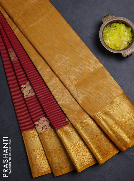 Semi kanchipuram silk saree maroon and mustard yellow with allover zari weaves & buttas and zari woven border