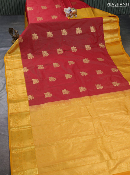 Semi kanchipuram silk saree maroon and mustard yellow with allover zari weaves & buttas and zari woven border