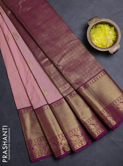 Semi kanchipuram silk saree pastel pink and purple with allover zari weaves & buttas and long zari woven border