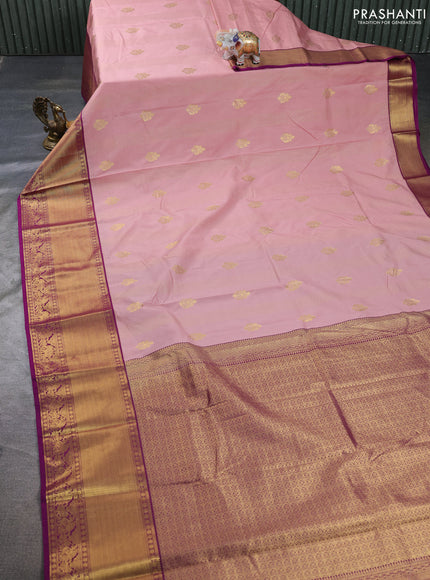 Semi kanchipuram silk saree pastel pink and purple with allover zari weaves & buttas and long zari woven border