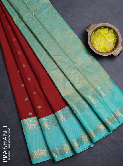 Semi kanchipuram silk saree maroon and teal green with allover zari woven buttas and zari woven korvai border