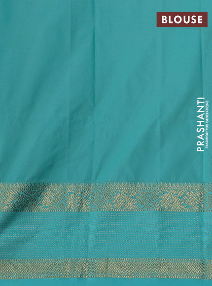 Semi kanchipuram silk saree tomato pink and teal green with allover zari woven buttas and zari woven korvai border