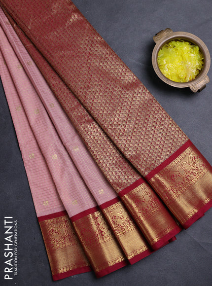 Semi kanchipuram silk saree mild peach pink and maroon with allover zari small checks & buttas and zari woven border