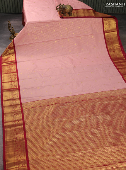 Semi kanchipuram silk saree mild peach pink and maroon with allover zari small checks & buttas and zari woven border