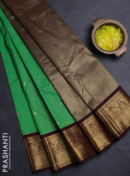 Semi kanchipuram silk saree green and deep maroon with allover small zari checks & buttas and zari woven korvai border