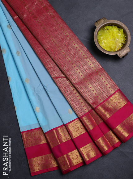 Semi kanchipuram silk saree teal blue and pink with zari woven buttas and rettapet zari woven border