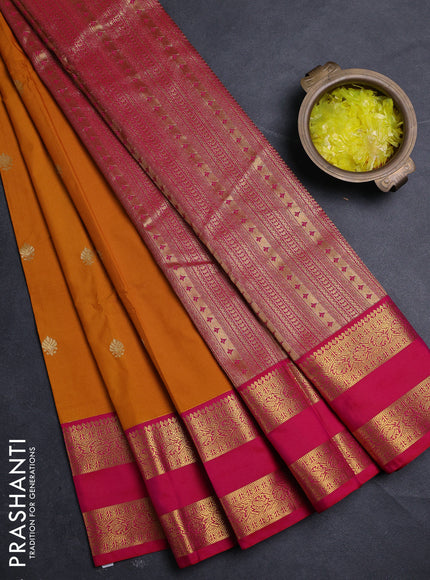 Semi kanchipuram silk saree mango yellow and pink with zari woven buttas and zari woven border