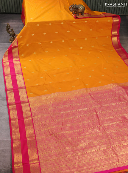 Semi kanchipuram silk saree mango yellow and pink with zari woven buttas and zari woven border