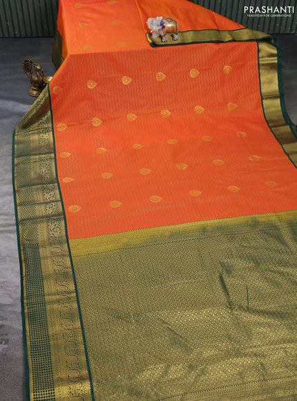 Semi kanchipuram silk saree orange and bottle green with allover zari weaves & buttas and zari woven border