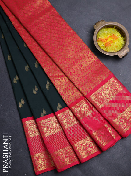 Semi kanchipuram silk saree bottle green and pink with allover zari woven buttas and long zari woven border