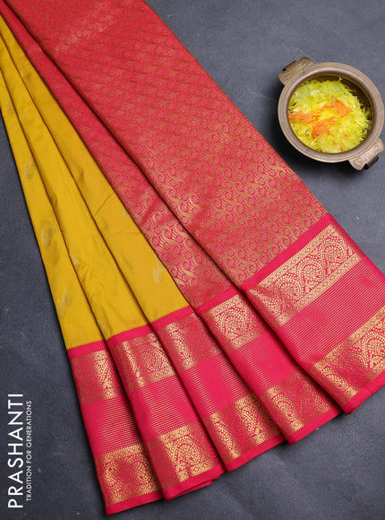 Semi kanchipuram silk saree yellow and pink with zari woven buttas and long zari woven border