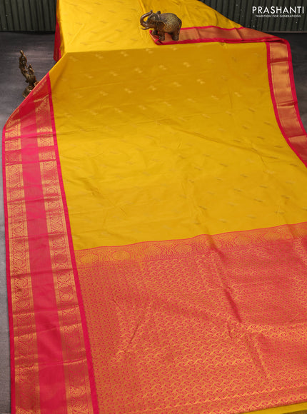 Semi kanchipuram silk saree yellow and pink with zari woven buttas and long zari woven border